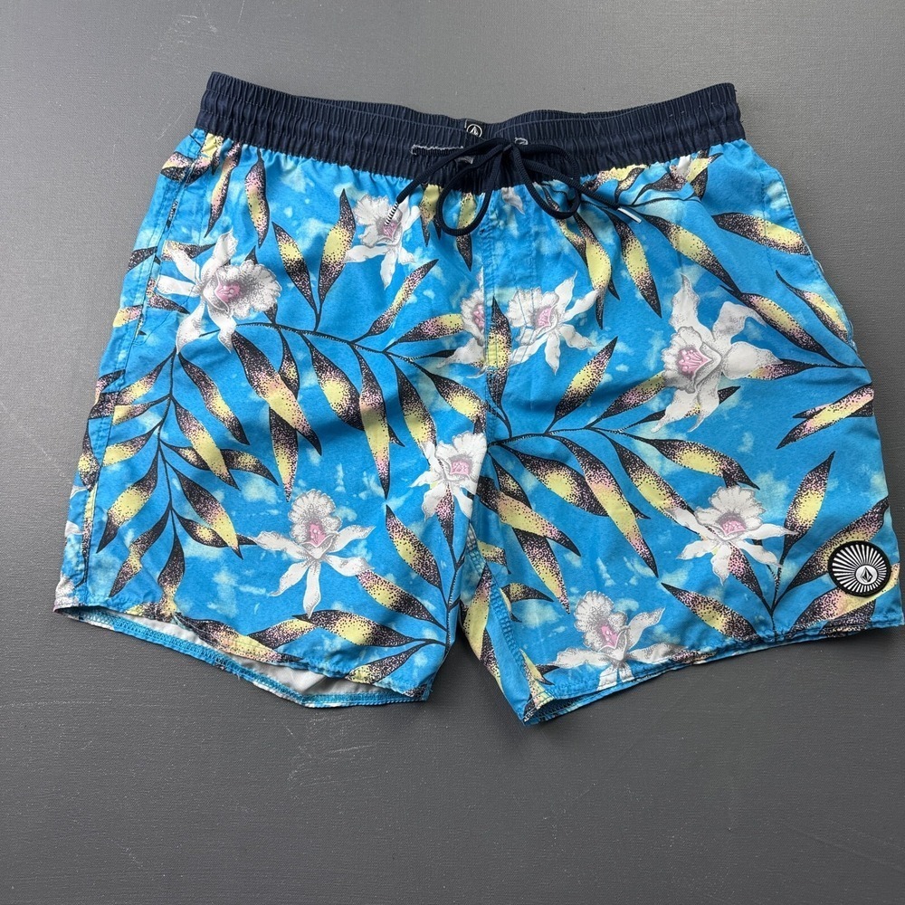 Volcom Men's Large Blue Floral Board Shorts Swim Trunks Surf Beach Drawstring
